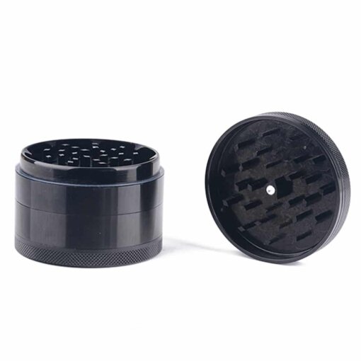 Two Black 4-layer Aluminum Herb Grinders showcased on a white background.
