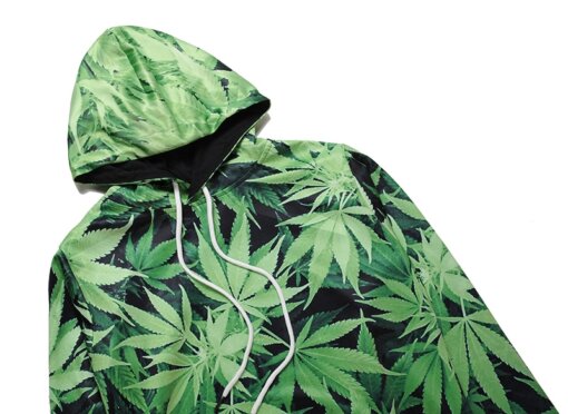 A 3D hooded pull over hoody featuring weed leaves.