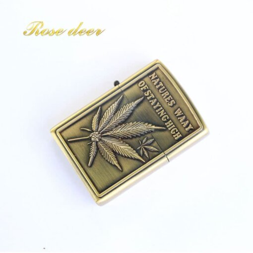 A variety of high-quality windproof bronze kerosene lighters featuring multiple designs, including one with a marijuana leaf.