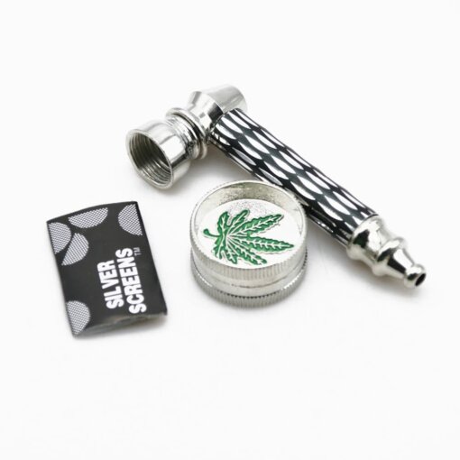 A Smoking Pipe with a Mini 2 Layer Metal Alloy Herb Grinder & Screen.
