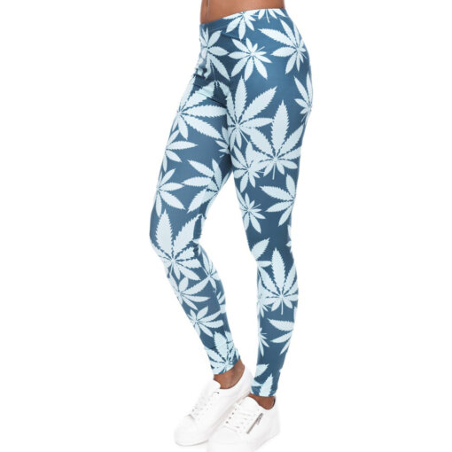 Blue & White Weed Printed Womens Leggings