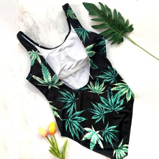 Backless Green Leaf Printed One Piece Push Up Padded Bathing Suit