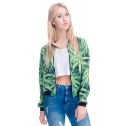 Women’s 3D Weed Leaf Print Bomber Jacket – One Size