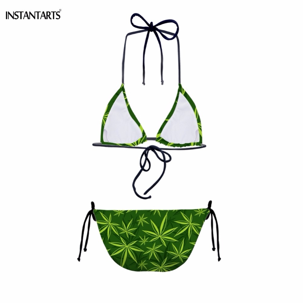 Green Hemp Weed Leaf Print Two-Piece Bikini Set - womens-weed-clothing, swimwear, weed-apparel