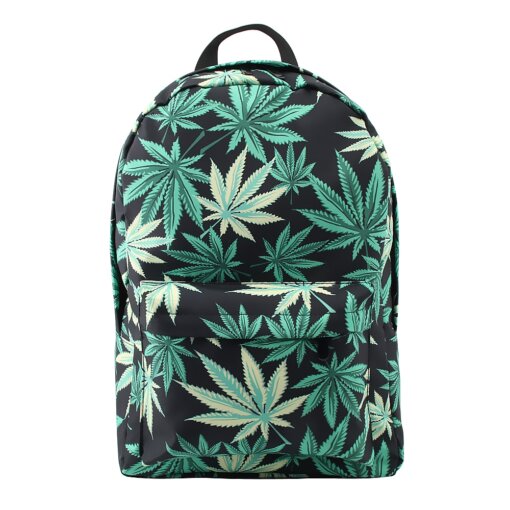 Green & Black Hemp Leaf Waterproof School Backpack