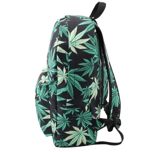 Green & Black Hemp Leaf Waterproof School Backpack