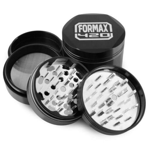 Formax420 62mm Black Metal Hex Herb Grinder w/ Scrapper & Pollen Press