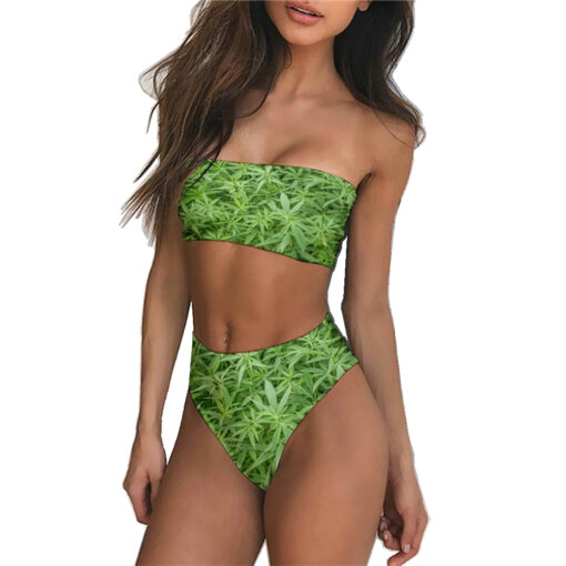 3D Cannabis Leaf Print Tube Top Brazilian Bikini Set