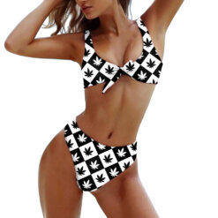 Leafy Marijuana Checkered Print Tie-Front Bikini Set