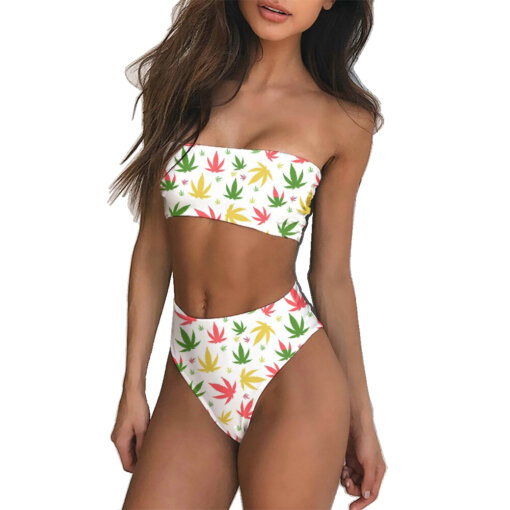 Multi Colored Weed Leaf Print Tube Top Brazilian Bikini Set