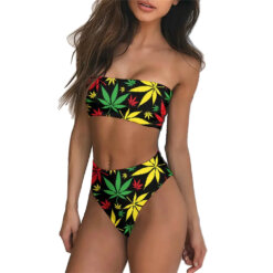Rasta Style Weed Leaf Print Tube Top Brazilian Bikini Set