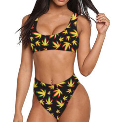 Trippy Weed Leaf Print Quick Dry Sports Bikini Set