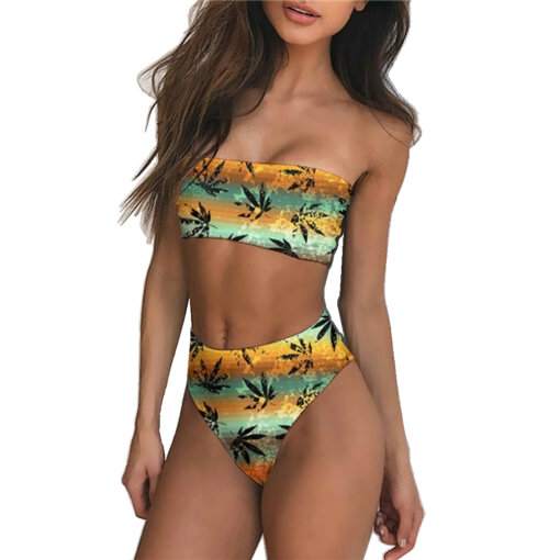 Tropical Sunset Weed Leaf Print Tube Top Brazilian Bikini Set