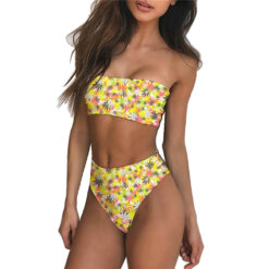 Yellow & Pink Mini Weed Leaf Print Tube Top Brazilian Bikini Set