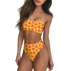 Yellow & Pink Weed Leaf Print Tube Top Brazilian Bikini Set