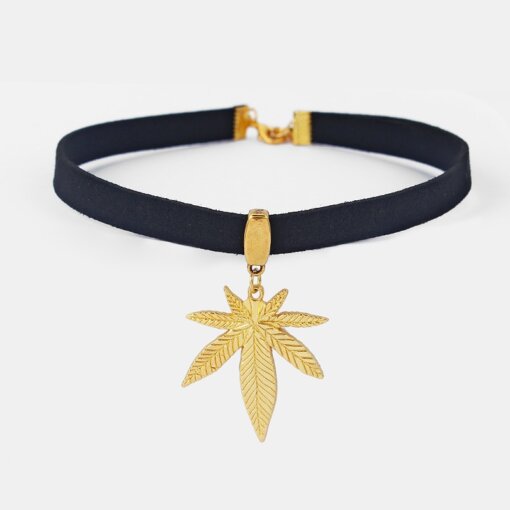 1pcs Black Flat Faux Suede Leather Tibetan Silver/Cord Pot Gold Weed Leaf Charm 13" Choker Necklace Collares Gothic Jewelry 3