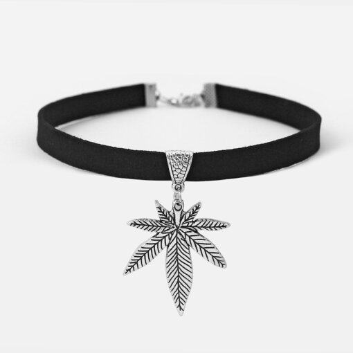 1pcs Black Flat Faux Suede Leather Tibetan Silver/Cord Pot Gold Weed Leaf Charm 13" Choker Necklace Collares Gothic Jewelry 2