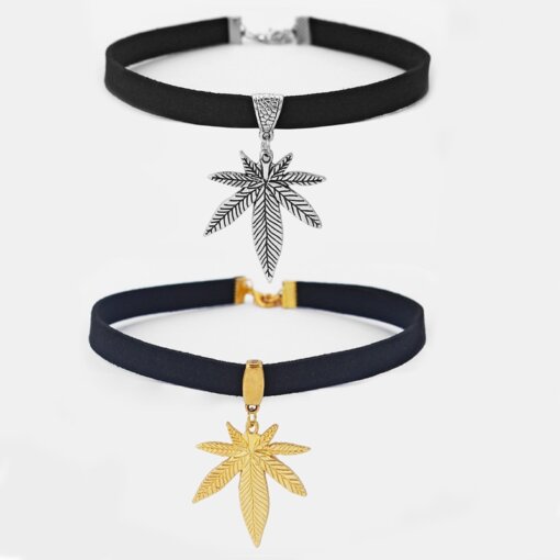 Faux Suede Pot Leaf Weed Choker Necklace