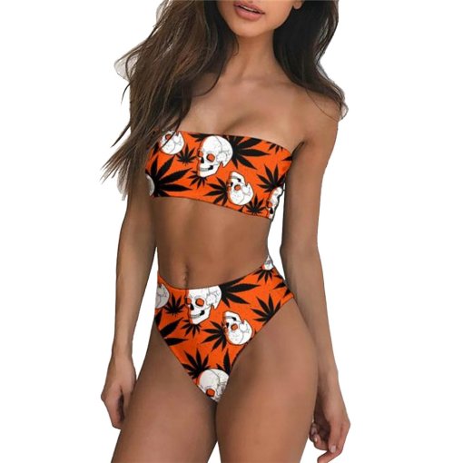 Women’s Orange Skull Weed Print Bandeau Bikini