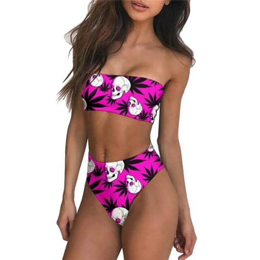 Women’s Pink Skull Weed Print Bandeau Bikini