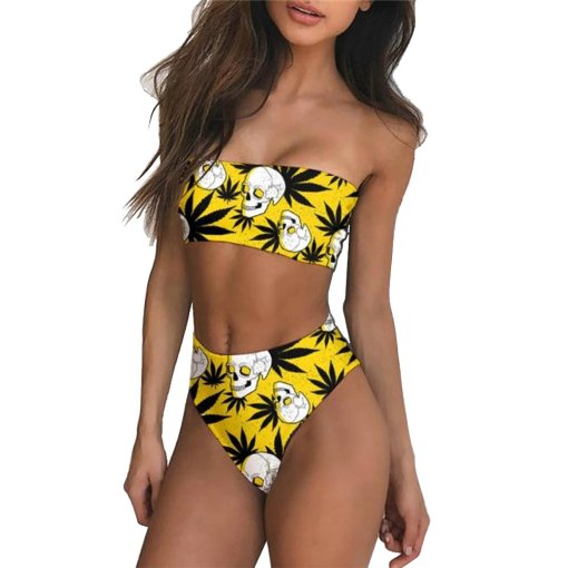 Women’s Yellow Skull Weed Print Bandeau Bikini