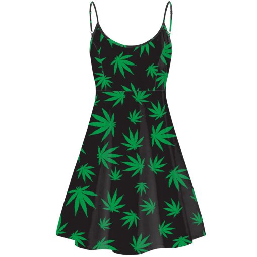 Black & Green Weed Print Summer Dress
