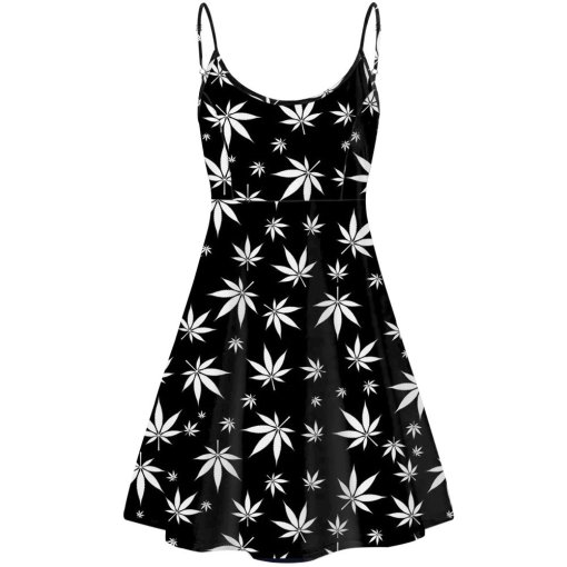Black & White Weed Print Summer Dress