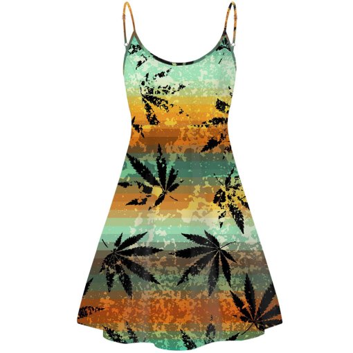 Tropical Sunset Weed Print Summer Dress