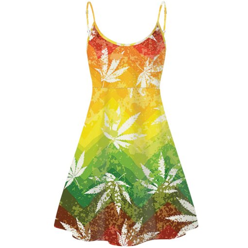 Yellow & Green Faded Weed Print Summer Dress