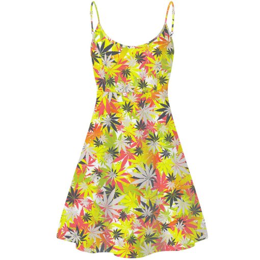 Yellow & Pink Mini Weed Print Summer Dress