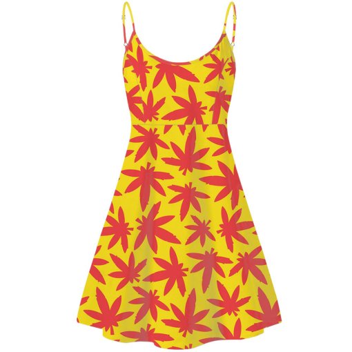 Yellow & Pink Weed Print Summer Dress