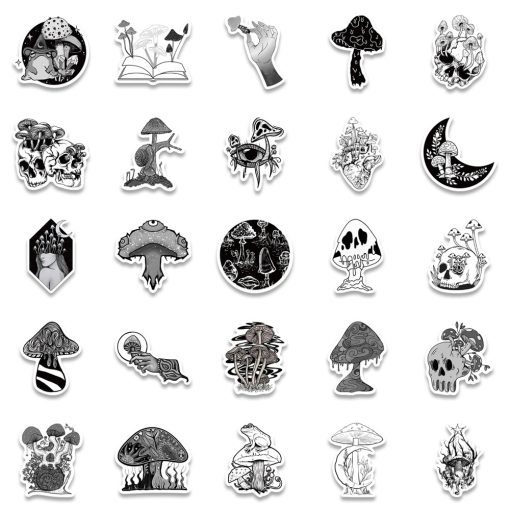 50 Black & White Gothic Mushroom Sticker Pack
