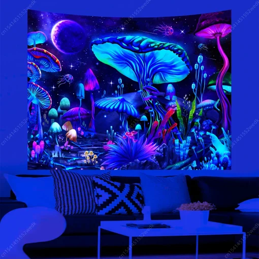 Mushroom Moon UV Reactive Tapestry - Luminous Wall Hanging for Living Room, Bedroom & Party Decor 6