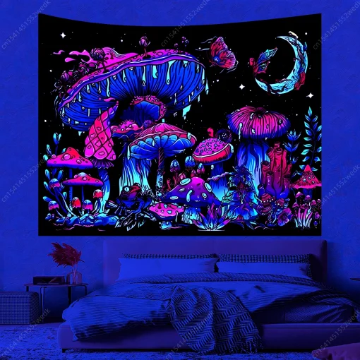Mushroom Moon UV Reactive Tapestry - Luminous Wall Hanging for Living Room, Bedroom & Party Decor 3