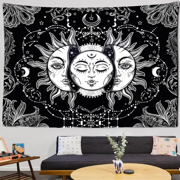 Black & White Sun and Moon Mandala Tapestry - Tarot Hippie Wall Hanging for Dorm Decor & Home Blanket 1