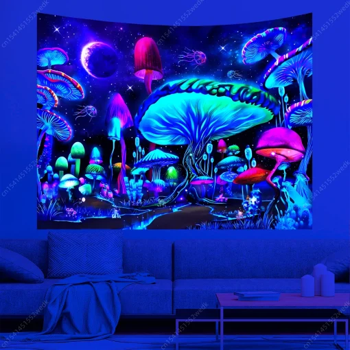 Mushroom Moon UV Reactive Tapestry - Luminous Wall Hanging for Living Room, Bedroom & Party Decor 4