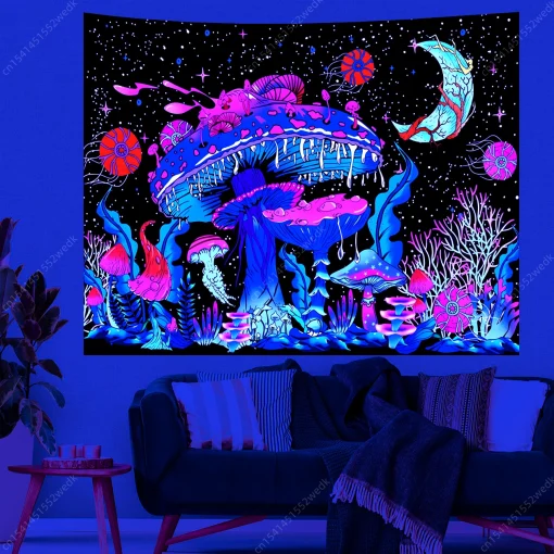 Mushroom Moon UV Reactive Tapestry - Luminous Wall Hanging for Living Room, Bedroom & Party Decor 2