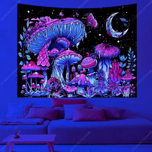 Mushroom Moon UV Reactive Tapestry - Luminous Wall Hanging for Living Room, Bedroom & Party Decor 5