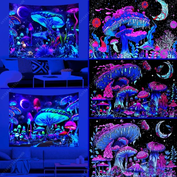 Mushroom Moon UV Reactive Tapestry - Luminous Wall Hanging for Living Room, Bedroom & Party Decor 1