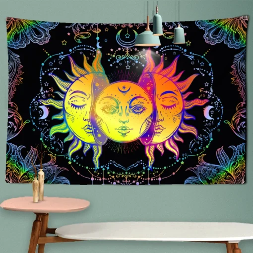 Black & White Sun and Moon Mandala Tapestry - Tarot Hippie Wall Hanging for Dorm Decor & Home Blanket 2