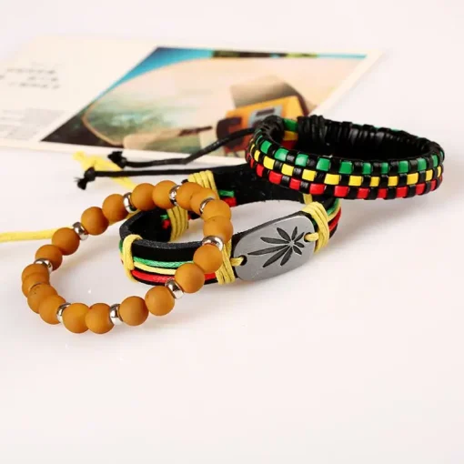 3Pcs Jamaican Rasta Reggae Leather, Cord and Woven Braided Bracelets 3