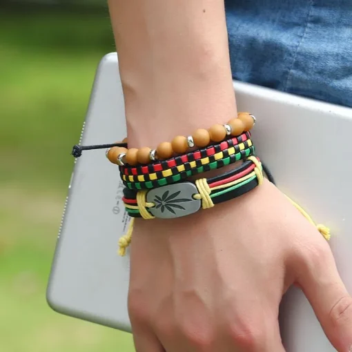 3Pcs Jamaican Rasta Reggae Leather, Cord and Woven Braided Bracelets 1