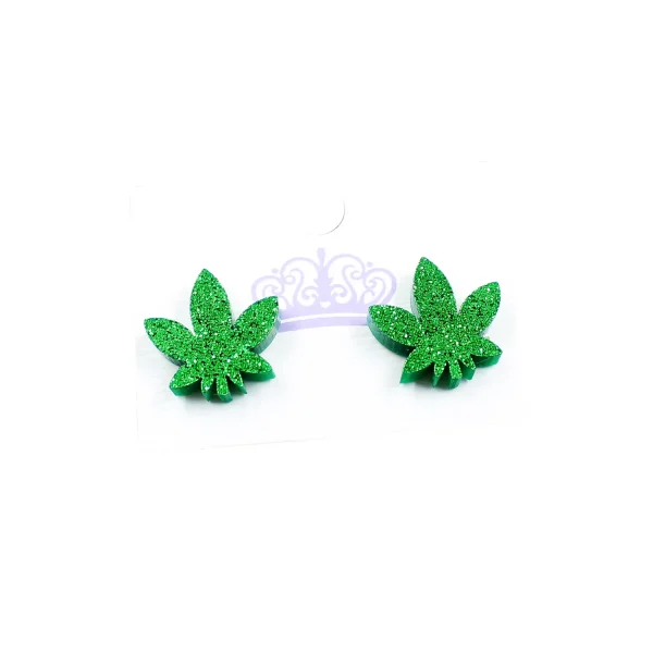 Green Glitter Pot Leaf Stud Earrings 1