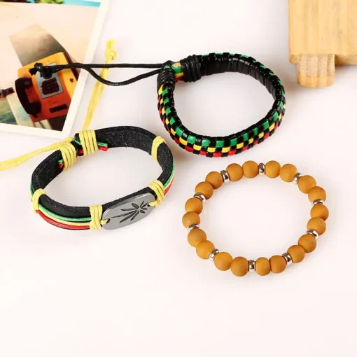 Jamaica Rasta Reggae Leather & Hemp Woven Bracelets - 3Pcs Set 5