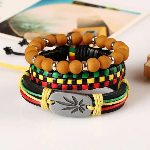 Jamaica Rasta Reggae Leather & Hemp Woven Bracelets - 3Pcs Set 4
