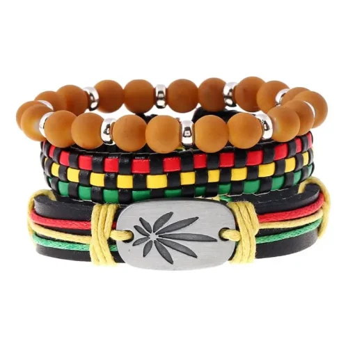 3Pcs Jamaican Rasta Reggae Leather, Cord and Woven Braided Bracelets 5