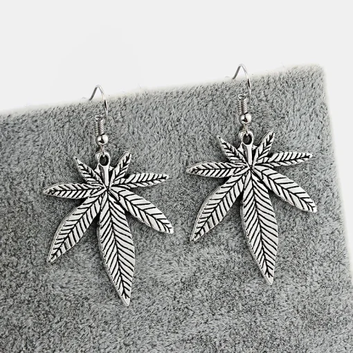Weed Leaf Antique Silver Color Earrings 1