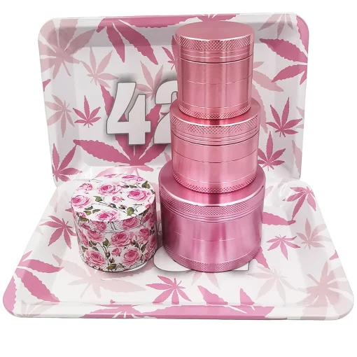 Pink Rolling Tray Set & Tobacco Grinder - Aluminum Alloy, 4 Layers, Silicone Ashtray Included 4