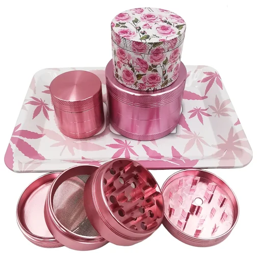 Pink Rolling Tray Set & Tobacco Grinder - Aluminum Alloy, 4 Layers, Silicone Ashtray Included 1