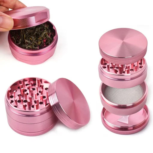 Pink Rolling Tray Set & Tobacco Grinder - Aluminum Alloy, 4 Layers, Silicone Ashtray Included 5